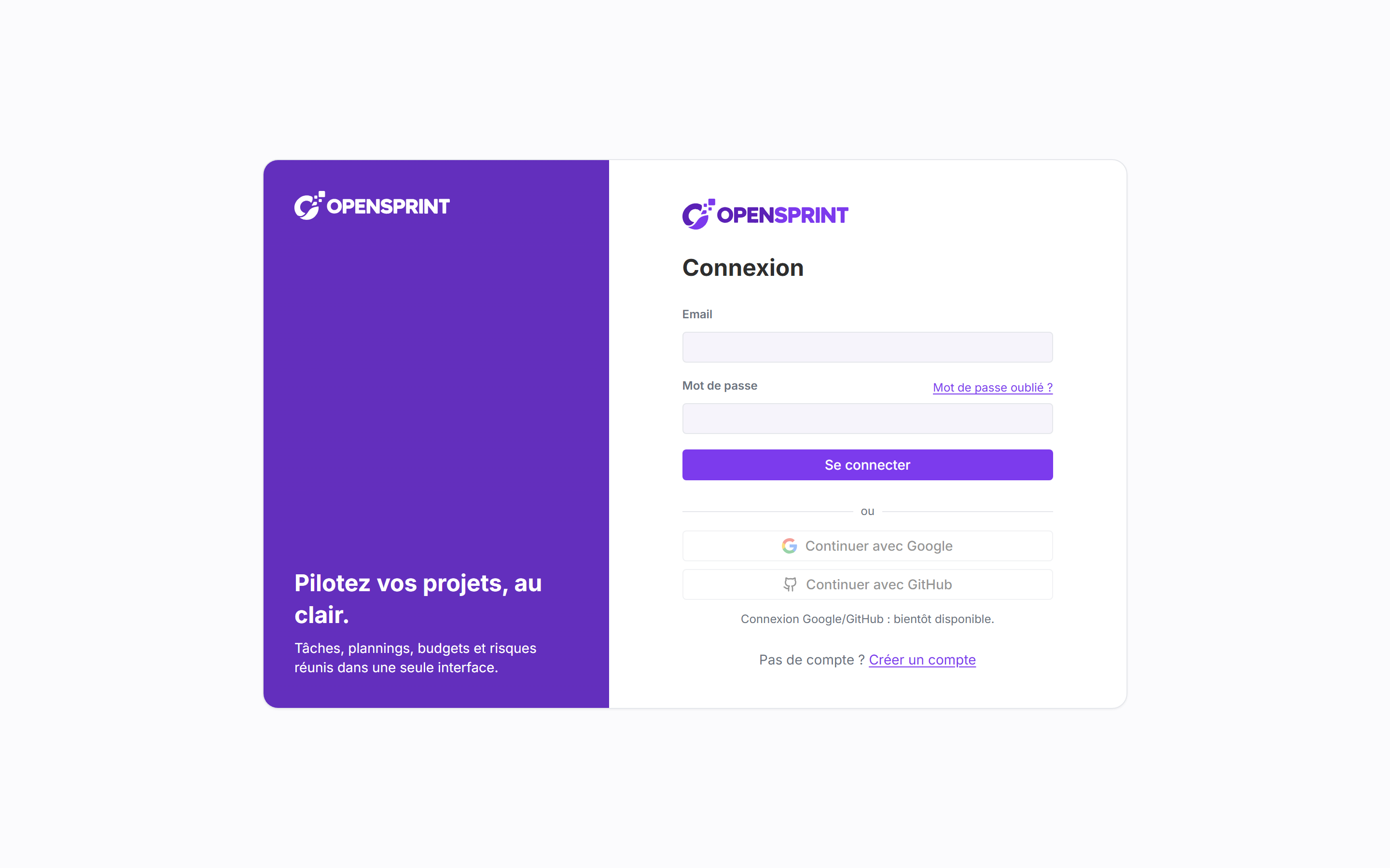 Écran de connexion d'OpenSprint : un panneau avec les champs Email et Mot de passe, le bouton Se connecter, et les liens Mot de passe oublié et Créer un compte.